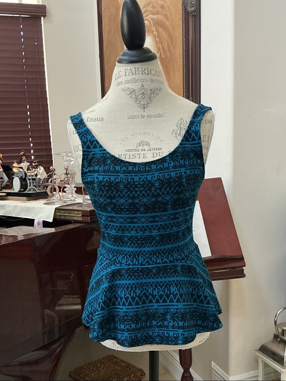 Express Teal and Black Patterned Peplum Tank Top